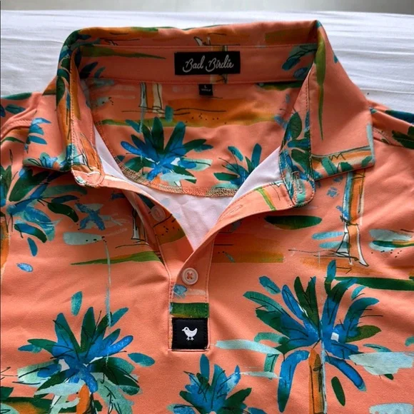 Bad Birdie Orange and Blue Polo Shirt with Tropical Design - Picture 2 of 2